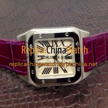 Replica Cartier Santos 100 Midsize Stainless Steel White Dial Purple Leather Strap Swiss 2836-2