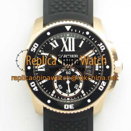 Replica Calibre De Cartier Diver W7100052 42MM JF Rose Gold Black Dial A23J