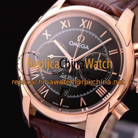 Replica Omega De Ville 42MM Chronograph Rose Gold Black Dial Swiss 9301