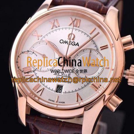 Replica Omega De Ville 42MM Chronograph Rose Gold White Dial Swiss 9301