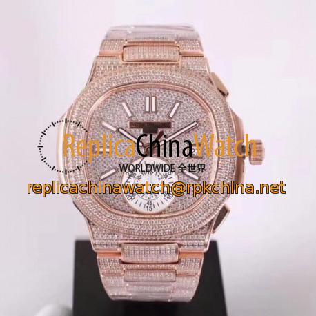 Replica Patek Philippe Nautilus Chronograph 5980/1R-001 PF Rose Gold & Diamonds Diamond Dial Swiss 7750