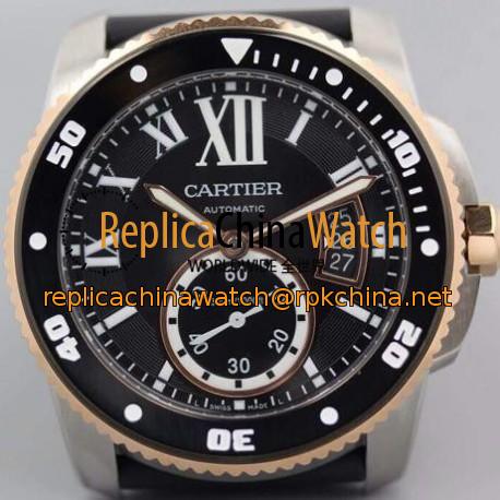 Replica Calibre De Cartier Diver V6F Stainless Steel & Rose Gold Black Dial M9015