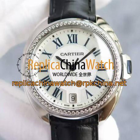 Replica Cle De Cartier 40MM Stainless Steel & Diamonds White Dial M9015