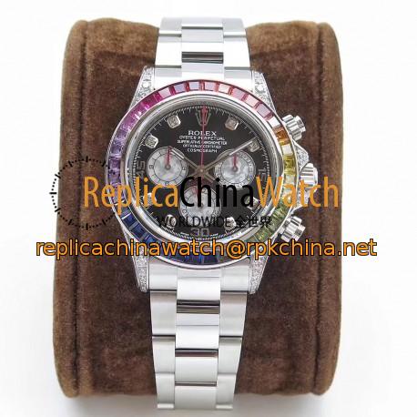 Replica Rolex Daytona Cosmograph Rainbow 116599RBOW BL Stainless Steel & Diamonds Black Dial Swiss 4130 Run 6@SEC