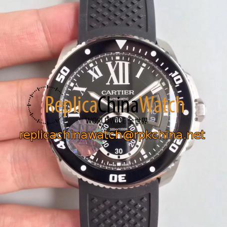 Replica Calibre De Cartier Diver W7100056 42MM JF Stainless Steel Black Dial A23J
