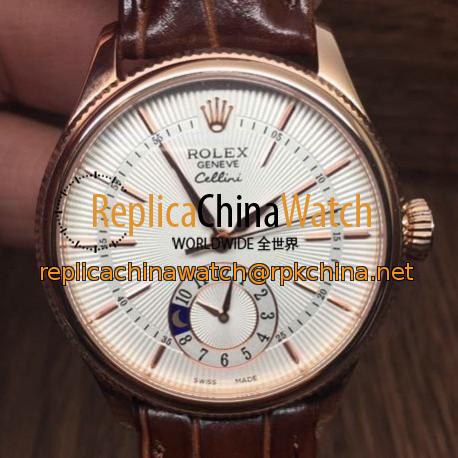 Replica Rolex Cellini 50515 Rose Gold White Dial Swiss 2836-2