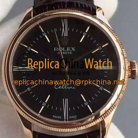 Replica Rolex Cellini Time 50505 Rose Gold Black Dial Swiss 2824-2