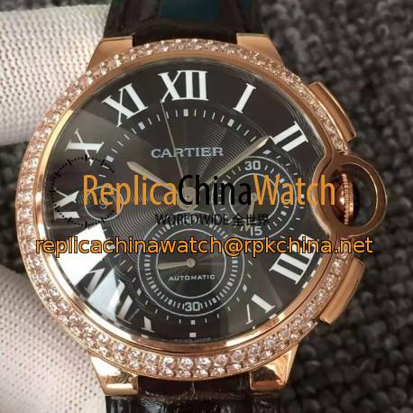 Replica Cartier Ballon Bleu Chronograph Rose Gold & Diamonds Black Dial Swiss 7750