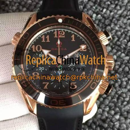 Replica Omega Seamaster Planet Ocean Chronograph Olympics Rose Gold Black Dial Black Rubber Strap Swiss 7750