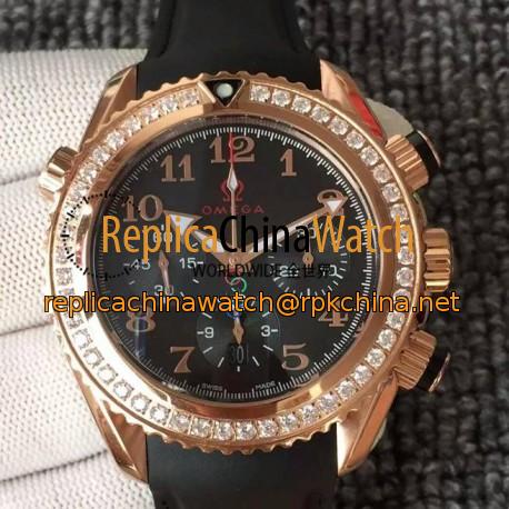 Replica Omega Seamaster Planet Ocean Chronograph Olympics Rose Gold & Diamonds Black Dial Swiss 7750