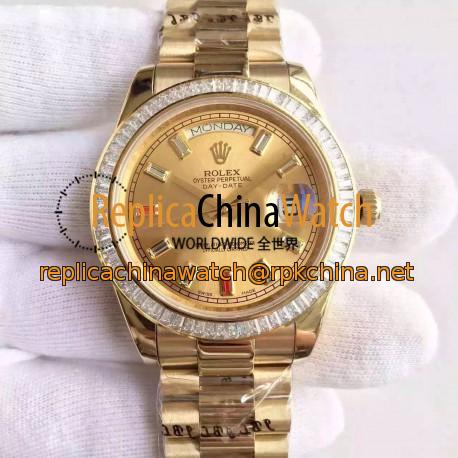 Replica Rolex Day-Date II 218238 41MM KW Yellow Gold & Diamonds Champagne Dial Swiss 3255
