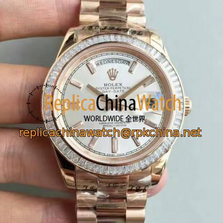 Replica Rolex Day-Date 40 228235 40MM KW Rose Gold & Diamonds Sundust Dial Swiss 3255