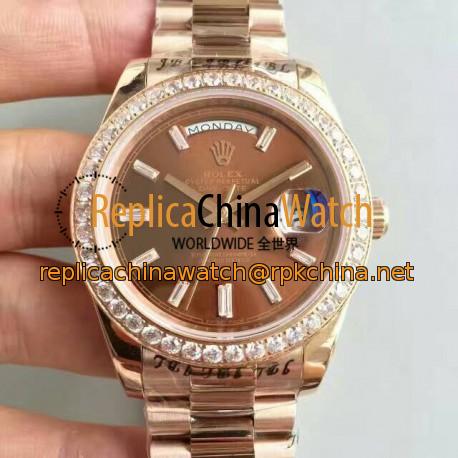 Replica Rolex Day-Date 40 228235 40MM KW Rose Gold & Diamonds Chocolate Dial Swiss 3255