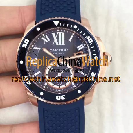 Replica Calibre De Cartier Diver WGCA0010 42MM TF Rose Gold Blue Dial M9015
