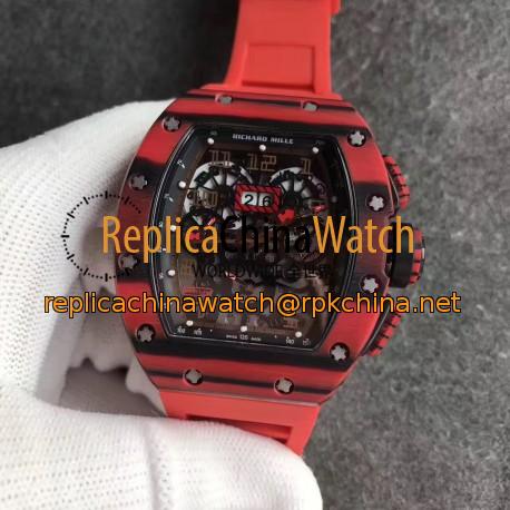 Replica Richard Mille RM011 Red QTPT Flyback Chronograph KV Red Forged Carbon Black Skeleton Dial Swiss 7750